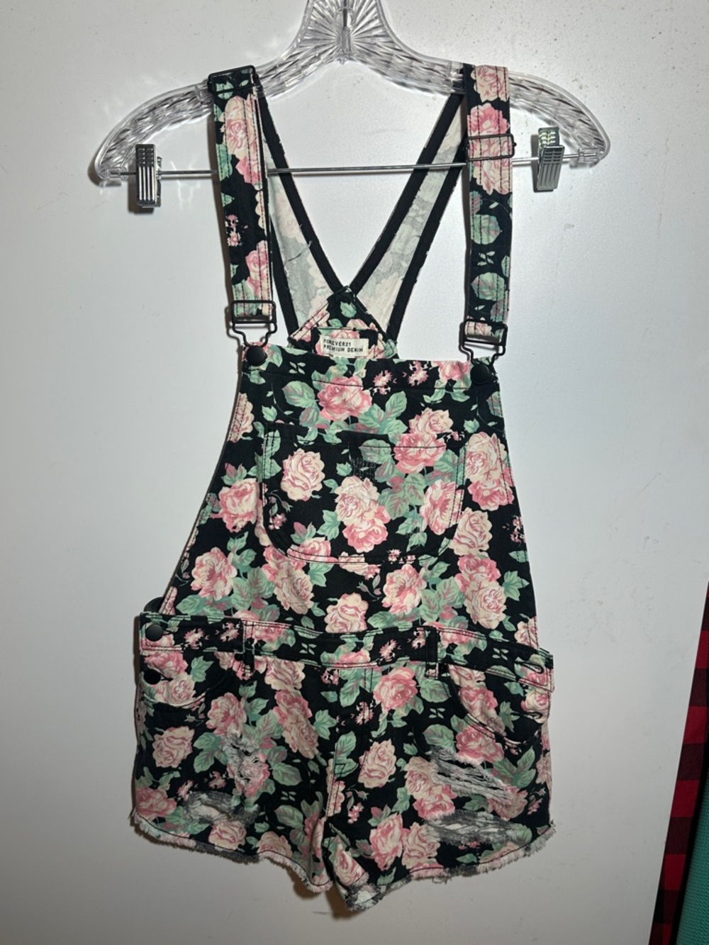 Forever 21 Black Floral Short Overalls with Pink Roses, just in time for spring!